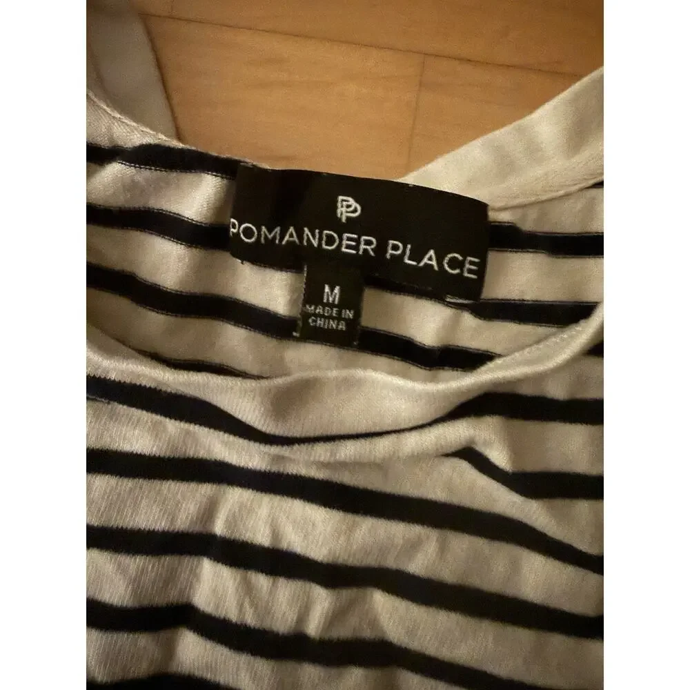 Pomander Place Black White Striped Vesty Long Sleeve Puff Sleeve Shirt M